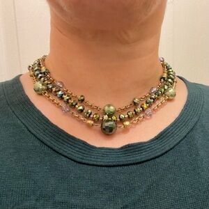 Lia Sophia Multi-Strand Faceted Bead Choker Necklace Lovely Green Gold Tone #495